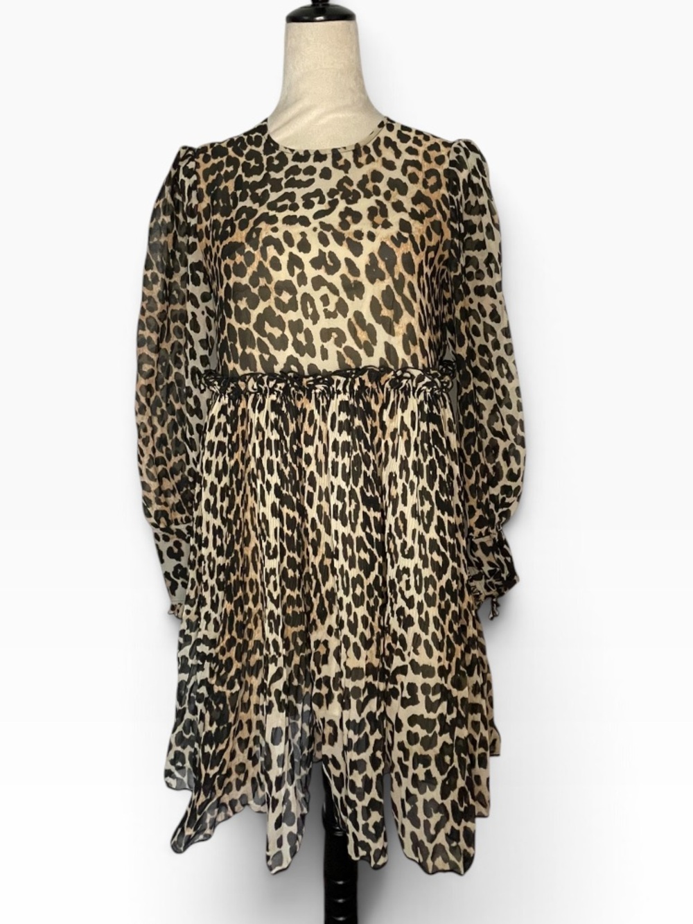 Ganni Leopard Print Sheer Long Sleeve Ruffle Dress
